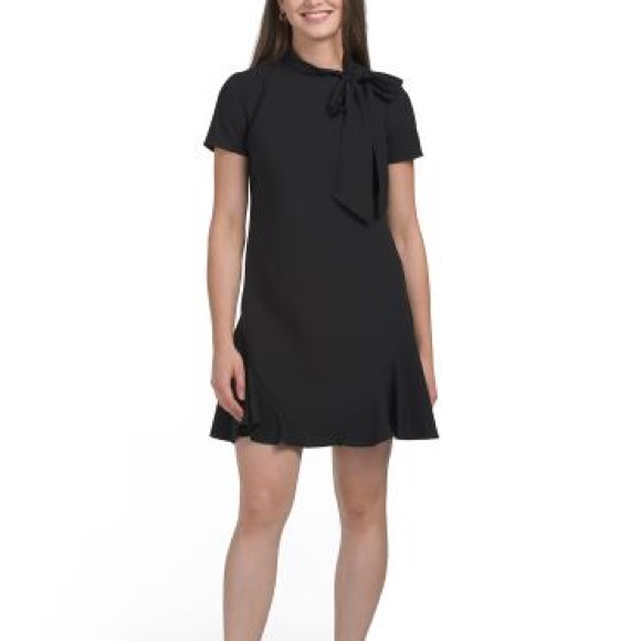 CeCe Dresses & Skirts - Women's Black Short-Sleeve Bow Neck Dress and a crossbody bag.